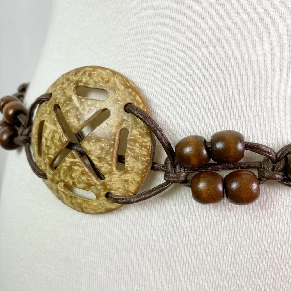 Vintage Boho Hippie Coconut Shell Faux Leather Macrame Belt
